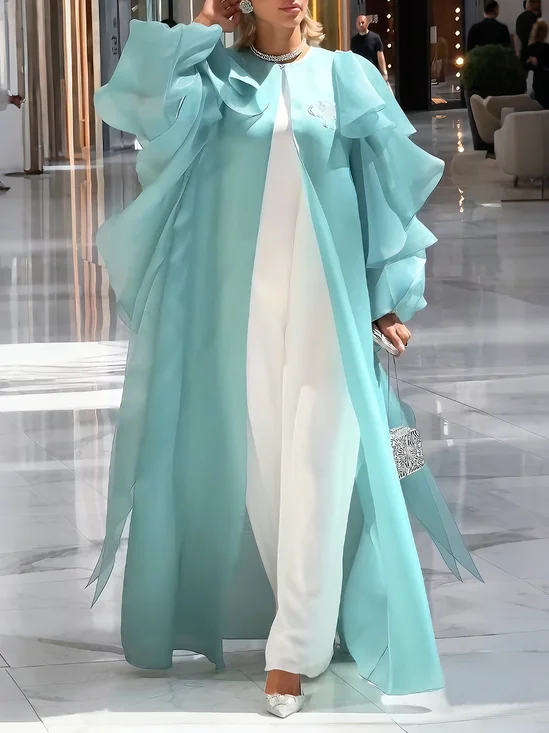 Elegant Balloon Sleeve Peplum Plain Crew Neck Kimono