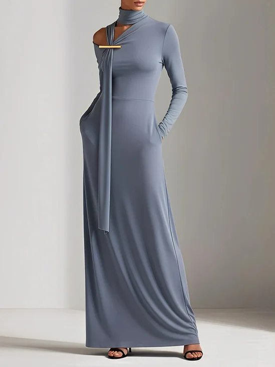 Elegant Plain Off Shoulder Sleeve Stand Collar Maxi Dress