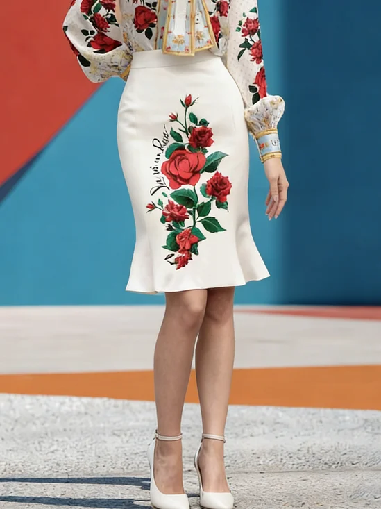 Elegant Floral Knee Length Skirt