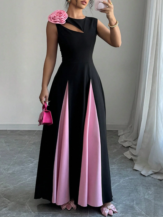 Elegant Color Block Split Joint Maxi Dress