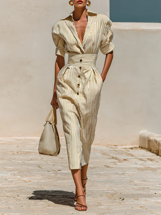 Elegant Striped Zipper Shawl Collar Midi Dress