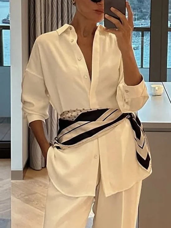 Urban Plain Shirt Collar Shirt With Scarf