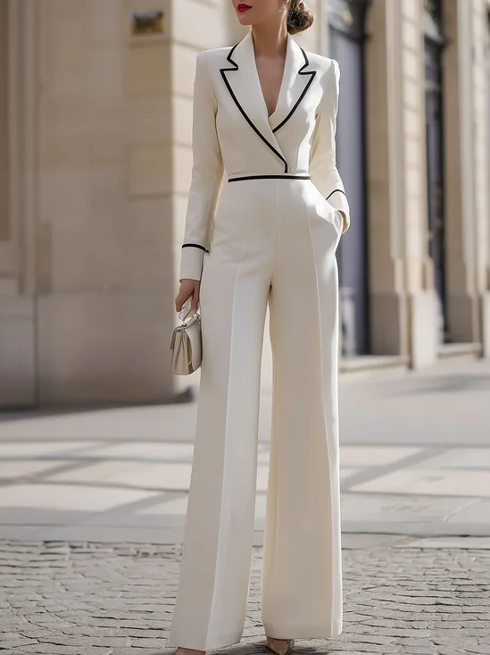 Urban Split Joint Color Block Lapel Collar Jumpsuit