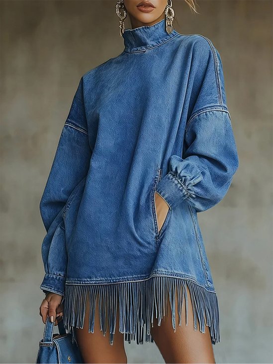 Denim Casual Plain Balloon Sleeve Tassel Turtleneck Mini Dress