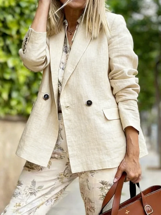 Urban Cotton And Linen  Plain Lapel Collar Blazer