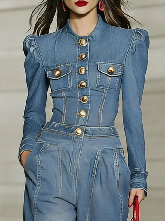 Urban Plain Buttoned Crew Neck Puff Sleeve Denim Shirt