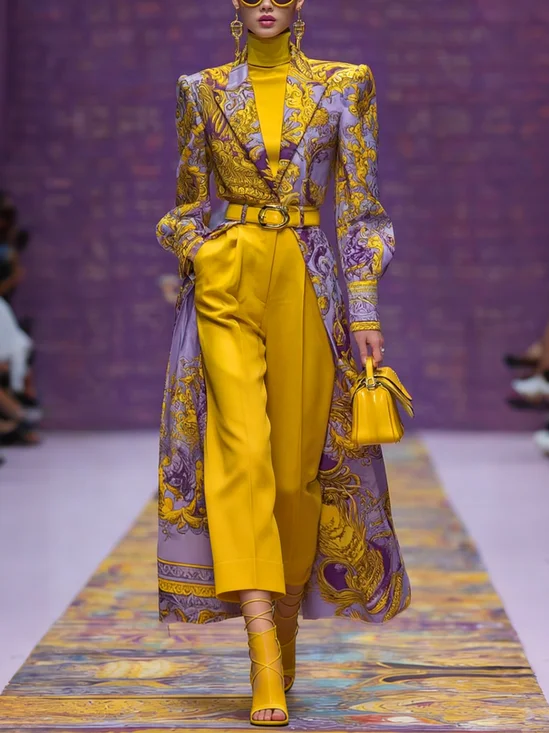 Casual Geometric Lapel Collar Trench Coat No Belt