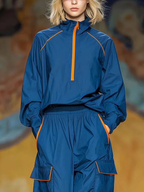 Casual Color Block Zipper Mock Neck Sweatshirt