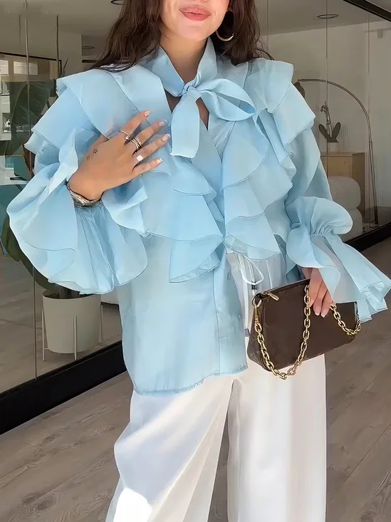 Urban Plain Peplum V Neck Balloon Sleeve Shirt With Scarf