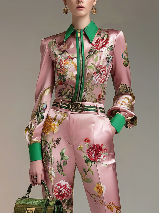 Satin Urban Floral Buttoned Shirt Collar Shirt