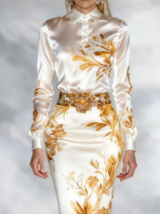 Elegant Floral Shirt Collar Shirt