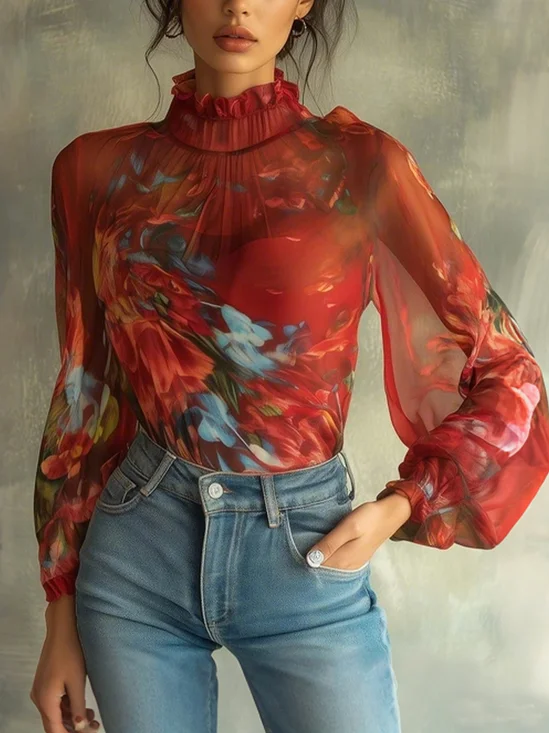 Vacation Floral Printing Stand Collar  Blouse
