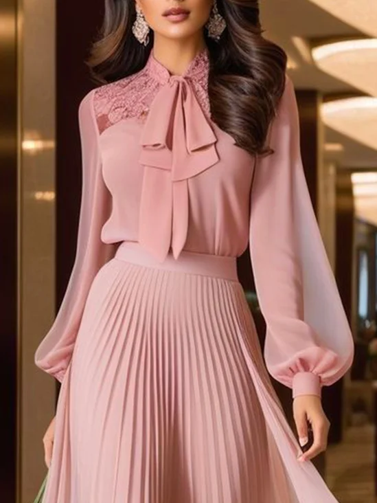 Elegant Plain Split Joint Lace Balloon Sleeve Blouse