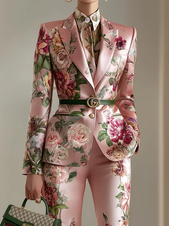 Urban Shoulder Pad Floral Lapel Collar Blazer