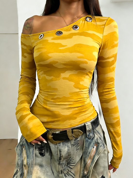 Urban Camo Cut Out One Shoulder Regular Sleeve T-shirt