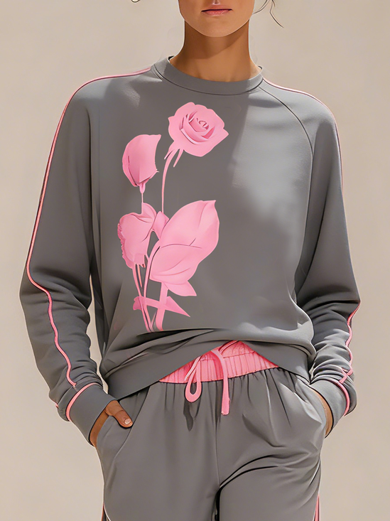 Casual Floral Crew Neck Sweatshirt