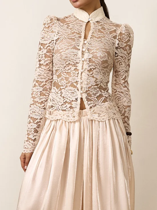 Lace Elegant Plain Stand Collar Shirt