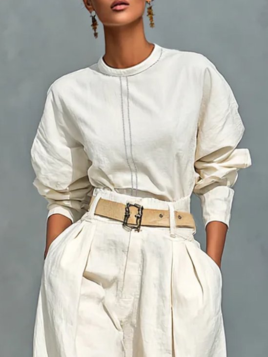 Cotton And Linen Casual Plain Crew Neck  Blouse