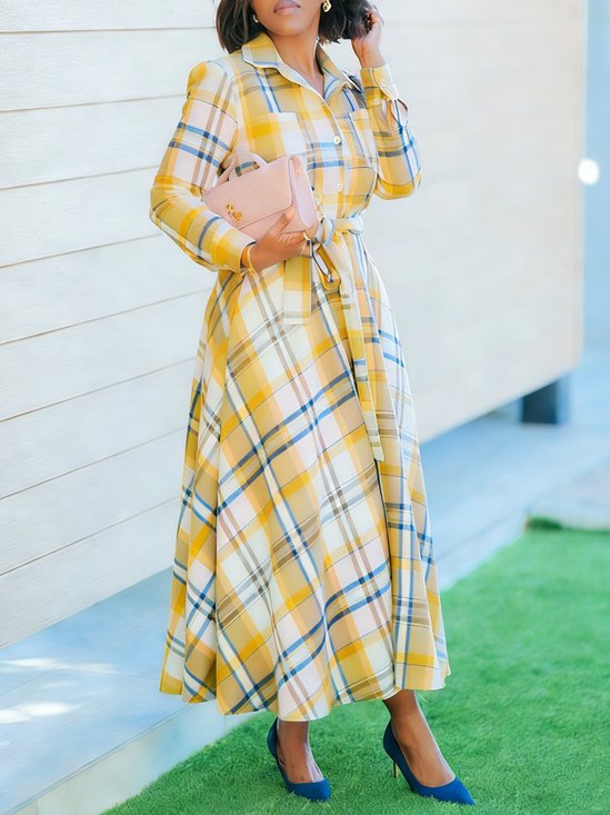 Elegant Plaid  Printing Shirt Collar Maxi Dress With Belt