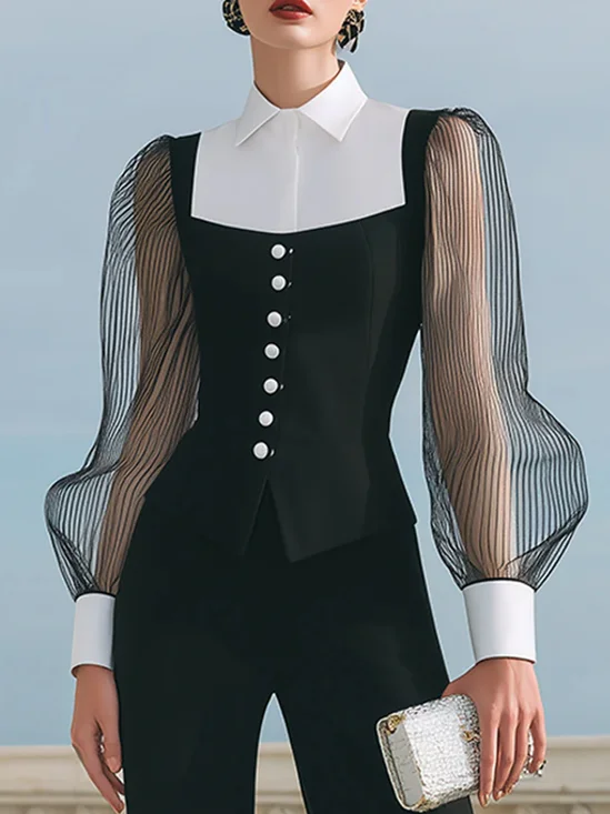 Urban Color Block Shirt Collar Balloon Sleeve Shirt