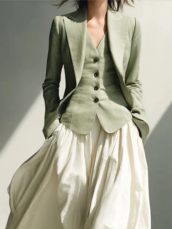 Urban Plain Lapel Collar Blazer Cotton And Linen Suit
