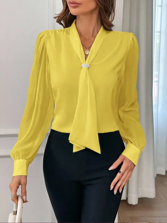 Elegant Plain Tie V Neck  Blouse