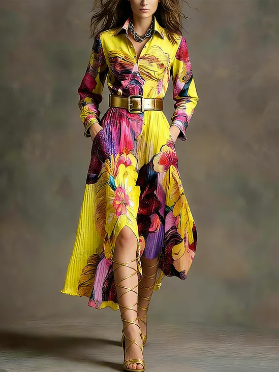 Elegant Floral Printing Shirt Collar Midi Dress No Belt