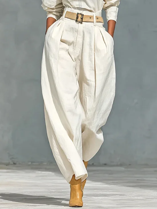 Cotton And Linen Casual Plain Straight Pants No Belt