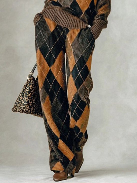 Casual Plaid Sweater Straight Pants