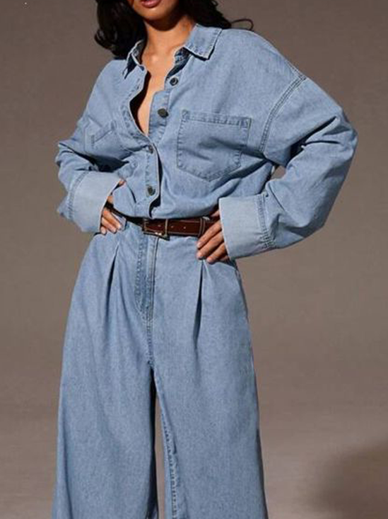 Urban Plain Shirt Collar Denim Shirt