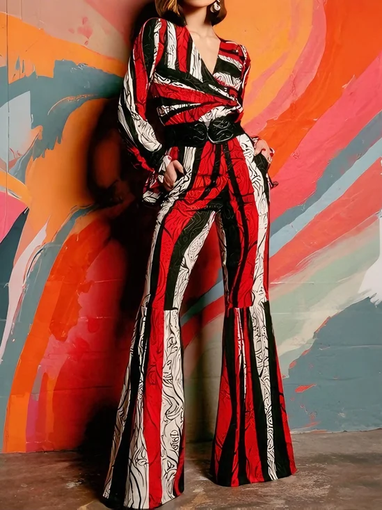 Urban  Printing Striped V Neck Jumpsuit No Belt