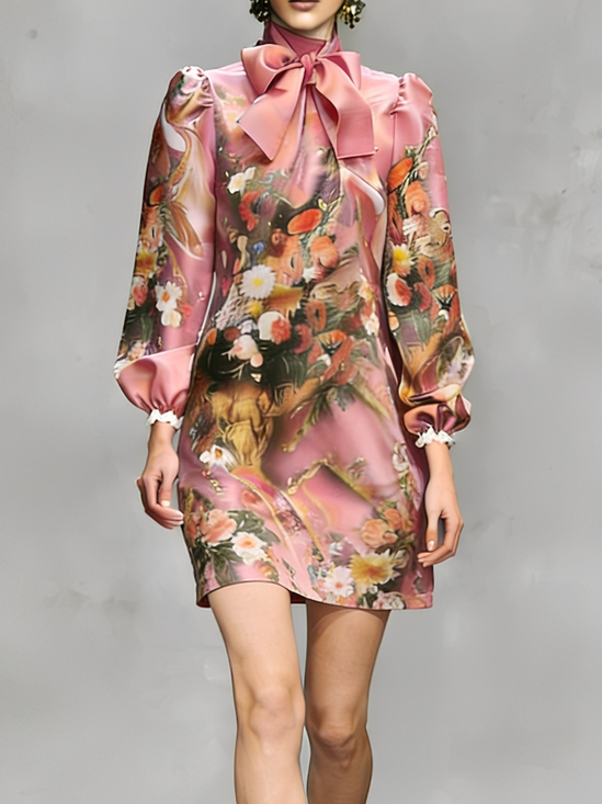 Elegant Floral Stand Collar Mini Dress