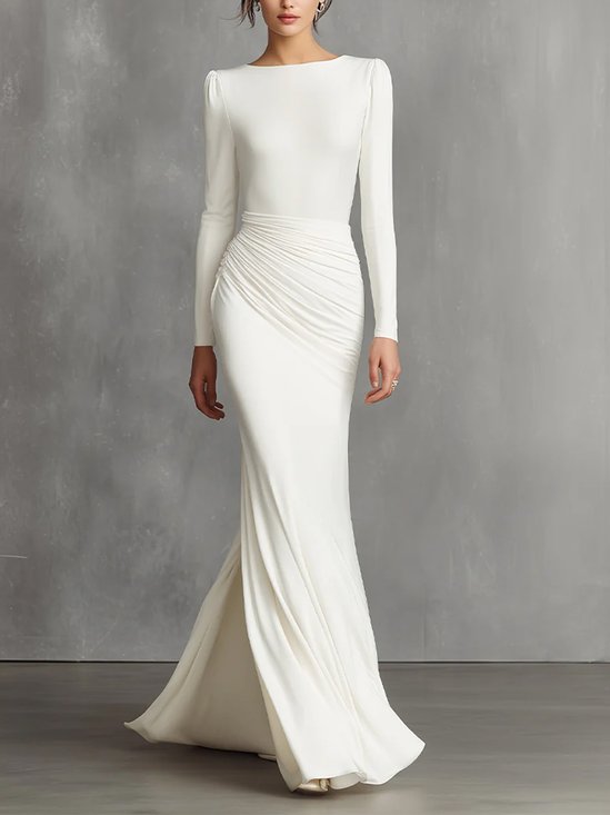 Elegant Plain Puff Sleeve Ruched Boat Neck Party Maxi Dress