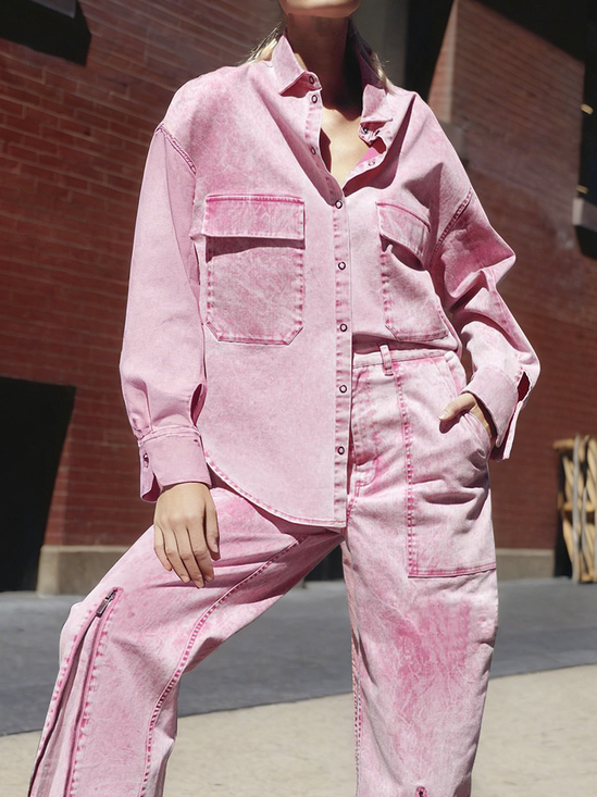 Urban Plain Shirt Collar Denim Shirt