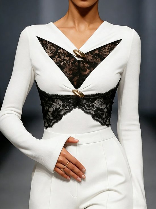 Urban Plain Lace V Neck  T-shirt