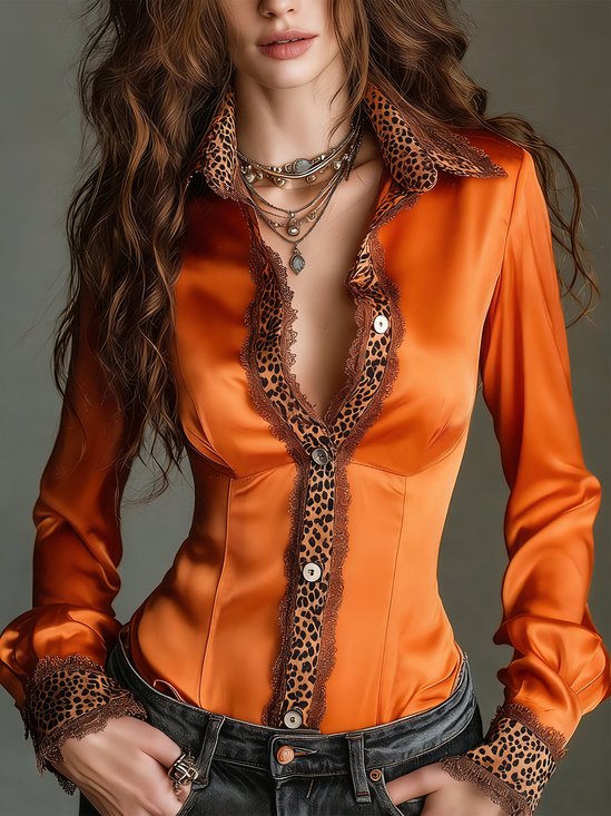 Satin Elegant Leopard Split Joint Shirt Collar Shirt