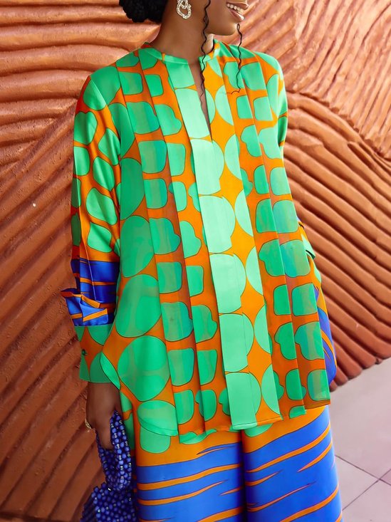 Urban Geometric Printing Notched Blouse