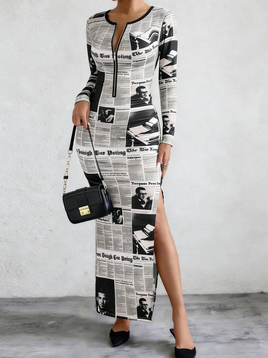 Urban Newspaper Side-Slit Crew Neck Maxi Dress