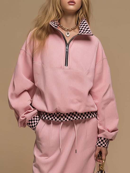 Casual Checkerboard Grid Zipper Sweatshirt