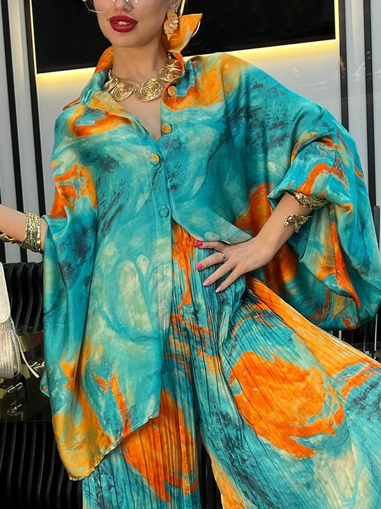 Vacation Random Print Printing Shirt Collar Dolman Sleeve Shirt