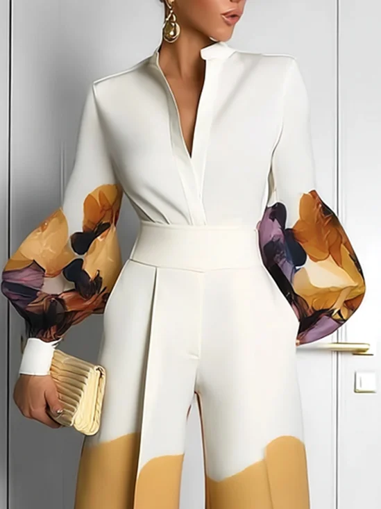 Elegant Random Print Printing Stand Collar Balloon Sleeve Shirt