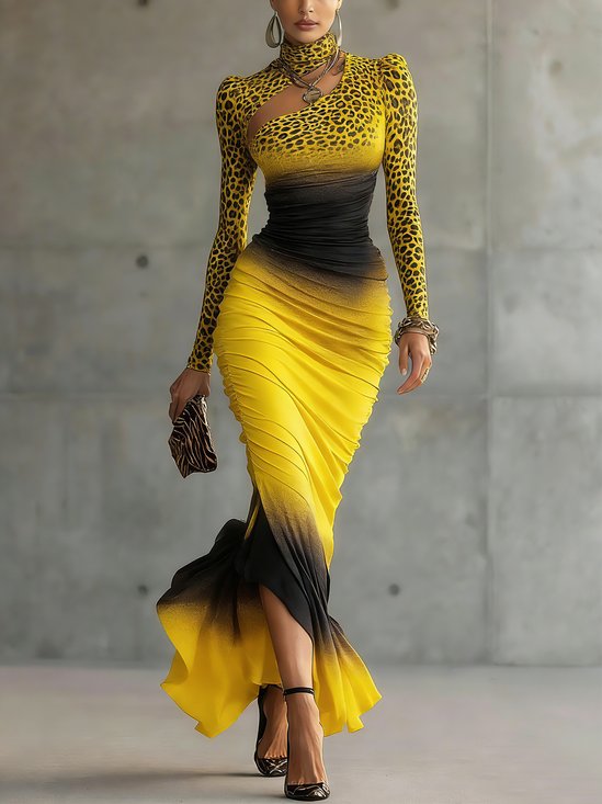 Elegant Leopard Printing Stand Collar Maxi Dress