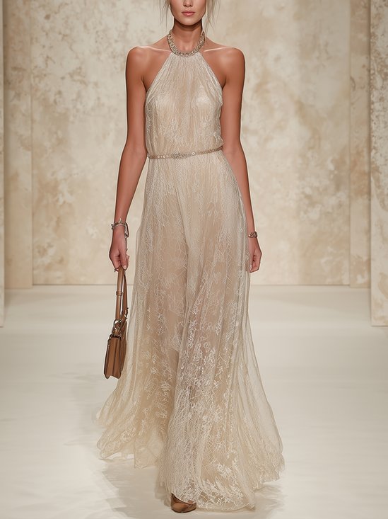 Elegant Plain Halter Midi Dress With Belt