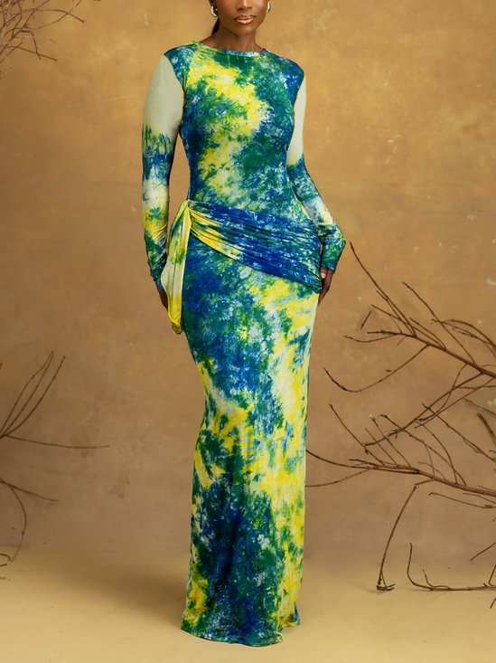 Elegant Tie-Dye Pattern Printing Crew Neck Maxi Dress