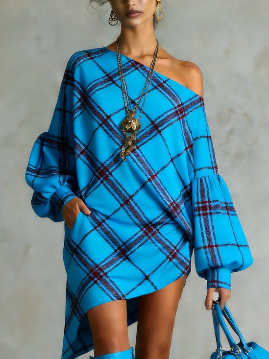 Elegant Plaid Printing Stand Collar Mini Dress