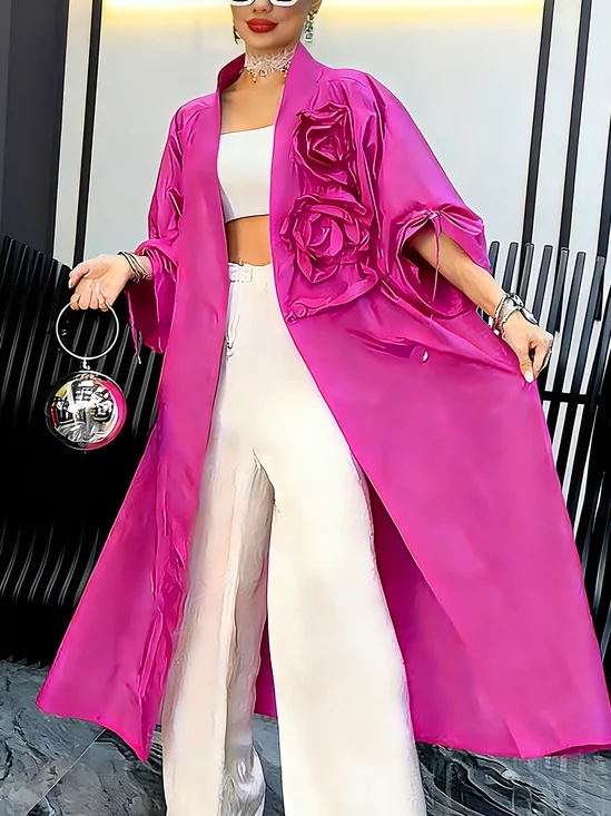 Elegant Plain V Neck Kimono With 3D Floral