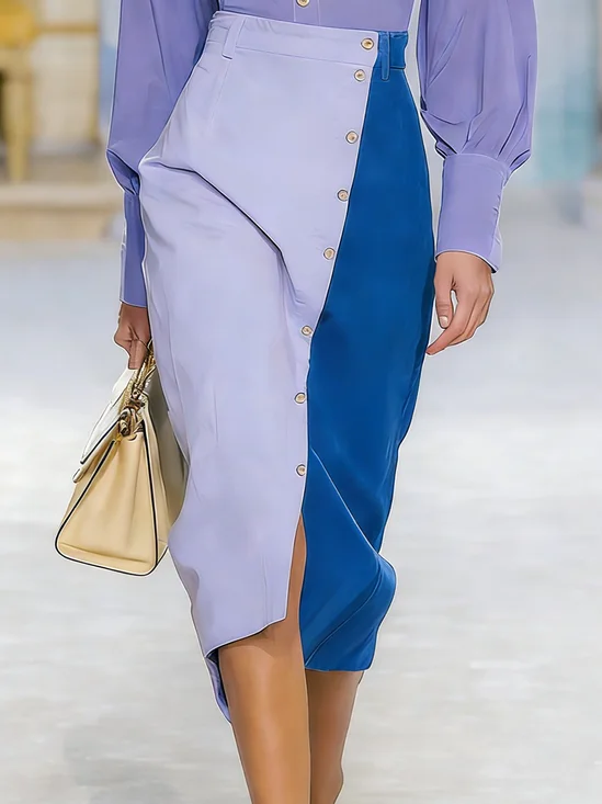 Urban Buttoned Color Block Midi Skirt