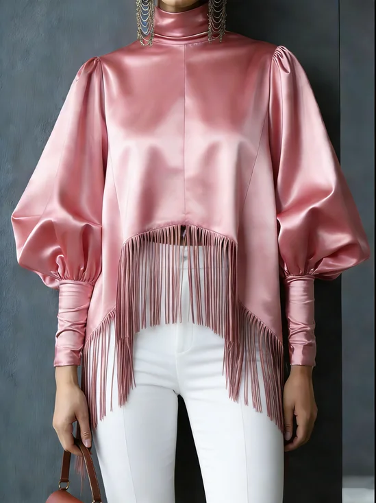 Satin Urban Plain Tassel Mock Neck Blouse