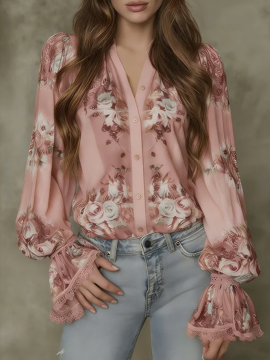 Elegant Floral Printing V Neck Ruffle Sleeve Shirt