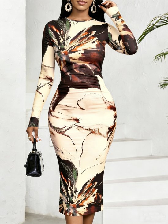 Elegant Floral  Printing Crew Neck Midi Dress